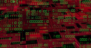 Siyah arkaplanda devre kartının üzerinde ikili kodlama veri işleme resmi. Dijital olarak oluşturulmuş küresel bağlantılar, hesaplama ve veri işleme kavramı.