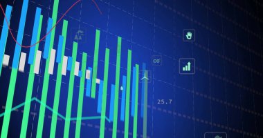 Maddi veriler ve çevresel simgeler çubuk ve çizgi grafikleri üzerinde resim. finans, ekonomi, büyüme, analitik, sürdürülebilirlik, yeşil