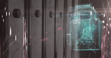 Asma kilit üzerinde veri işleme görüntüsü. Küresel iş ve dijital arayüz kavramı, dijital olarak oluşturulmuş görüntü.