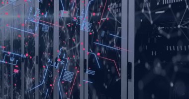 Bilgisayar sunucularında devre kartı ve veri işleme resmi. Dijital olarak oluşturulmuş küresel bağlantılar, hesaplama ve veri işleme kavramı.