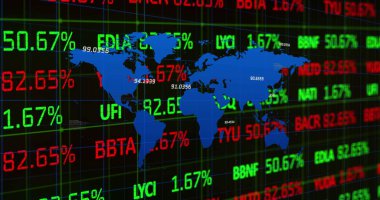 Kırmızı ve yeşil borsa verilerinin ızgaranın üzerinde yuvarlanıp işlenmesi. Küresel ekonomi borsa konsepti dijital bileşimidir.