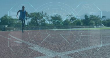 Engelli Afro-Amerikan erkek koşucunun veri işleme görüntüsü. Küresel spor ve dijital arayüz kavramı dijital olarak oluşturulmuş görüntü.