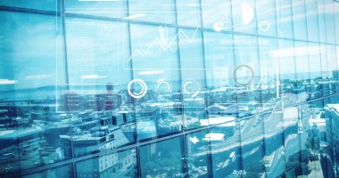 Şehir manzarası üzerinde finansal veri işleme resmi. Küresel finans, iş, bağlantılar, hesaplama ve veri işleme kavramı dijital olarak oluşturuldu.