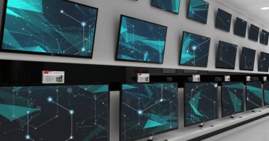 Televizyon ekranlarıyla duvarın ötesindeki bağlantıların görüntüsü. Medya, televizyon, iletişim ve bilgi kavramı dijital olarak oluşturulmuş görüntü.