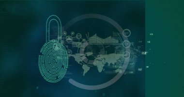 Asma kilit üzerinde veri işleme görüntüsü. Küresel iş ve dijital arayüz kavramı dijital olarak oluşturulmuş görüntü.