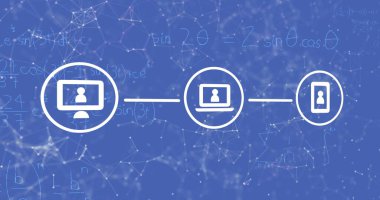 Dijital simgelerin mavi arkaplandaki bağlantılar ve matematiksel denklemler ağı üzerindeki görüntüsü. Küresel ağ ve iş teknolojisi kavramı