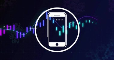 Finansal veriler ve borsa grafiği üzerine akıllı telefon simgesi resmi. Finans, ekonomi, teknoloji, hisse senetleri, yatırım, büyüme