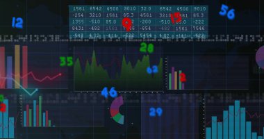 Finansal veri tabloları ve grafikleri çeşitli sayısal ve grafiksel unsurlar üzerine. Maliye, veri analizi, analitik, büyüme, eğilimler, istatistikler