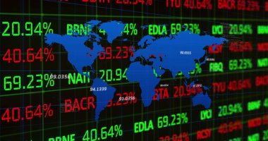 Kırmızı ve yeşil borsa verilerinin ızgaranın üzerinde yuvarlanıp işlenmesi. Küresel ekonomi borsa konsepti dijital bileşimidir.