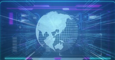 Resim mavi bir arkaplanda veri işlemesini gösteriyor. Küresel sosyal medya veya iletişim ağlarını temsil edebilir. 