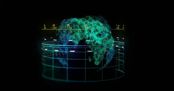 stock image Image of financial data processing over globe on black background. Global finance, business, connections, computing and data processing concept digitally generated image.