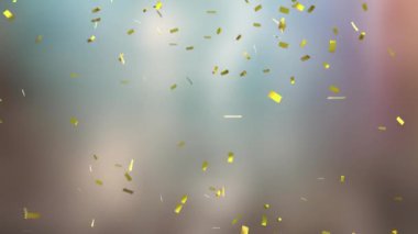 Bulanık arkaplandaki altın konfeti düşüşü. Kutlama, şenlik, parti, ışıltı, parıltı, parıltı