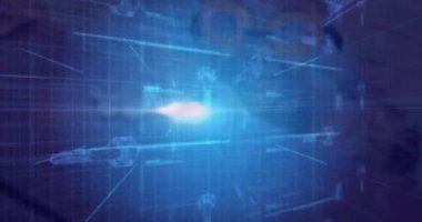 Anahtar simgelerin üzerinde veri işleme animasyonu. Teknoloji, iş ve dijital arayüz kavramı, dijital olarak üretilen video.