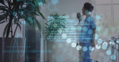 Veri işleme animasyonu ve farklı doktorların konuşmaları üzerine DNA ipliği. Tıp ve dijital arayüz kavramı, dijital olarak oluşturulmuş video.