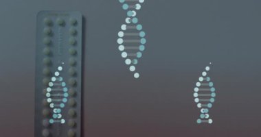 DNA ipliklerini hapların üzerine taşıma animasyonu. Teknoloji, tıp ve dijital arayüz kavramı, dijital olarak üretilen video.