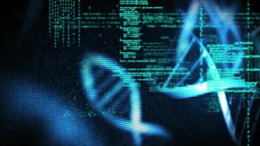 DNA ipliği üzerinde veri işleme animasyonu. Teknoloji, bilim ve dijital arayüz kavramı, dijital olarak üretilen video.