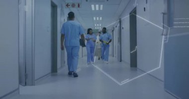 Çeşitli cerrahların yürüyüp konuşması üzerine kimyasal formülün animasyonu. Tıp ve dijital arayüz kavramı, dijital olarak oluşturulmuş video.