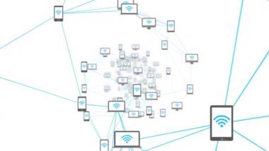 Bağlı aygıtların ve Wi-Fi sinyallerinin ağı beyaz arkaplan üzerinde canlandırma yapıyor. Teknoloji, bağlantı, kablosuz, ağ, iletişim, internet