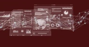 Kırmızı arkaplanda dijital arayüz üzerinden bağlantı ve veri işleme animasyonu ağı. Teknoloji, siber, iletişim, bağlantı, bilgi, fütürist