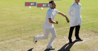 Kriket oyuncuları sosyal medya animajı ile hareket halindeler. Spor, sporcular, takım çalışması, hareket, etkileşimli konsept