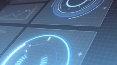 Dairesel grafik ve ızgaralarla geleceksel veri işleme ve analiz animasyonu. Teknoloji, analitik, yenilik, dijital, siber, yapay zeka