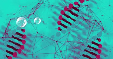 Mavi arkaplan üzerinde DNA iplikleri ve moleküler yapılar ağ bağlantıları olan animasyonlar. Bilim, biyoloji, genetik, sarmal, araştırma, teknoloji