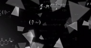Matematiksel denklemler ve geometrik şekiller siyah arkaplan üzerinde animasyon oluşturur. Geometri, soyut, bilim, formüller, geometri şekilleri, hesaplamalar
