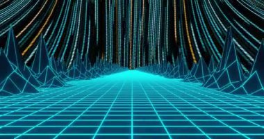 Parlak çizgileri ve noktaları olan dijital ızgara manzarası, fütüristik animasyon. teknoloji, sanal, soyut, siber, ağ, matris