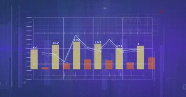 Mavi dijital animasyon arkaplanı üzerinde sayısal veri bulunan çubuk ve çizgi grafikleri. analitik, istatistik, teknoloji, iş, fütüristik, finans