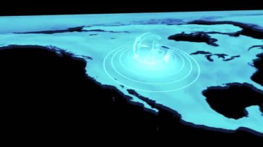 Mavi tonlu dünya haritasında Güney Amerika üzerinde dijital radar animasyonu. Teknoloji, mavi tonlar, navigasyon, coğrafi, izleme, izleme