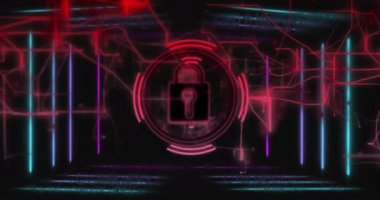Parlak asma kilit simgesi ve dijital çizgiler, karanlık arka planda veri güvenlik animasyonu. Siber güvenlik, şifreleme, koruma, teknoloji, güvenlik, ağ
