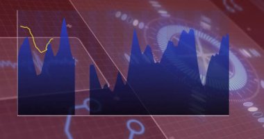 Dijital arayüz animasyonu üzerinde dalgalanan çizgilerle finansal veri tablosu. Maliye, veri analizi, istatistik, eğilimler, ekonomi, büyüme