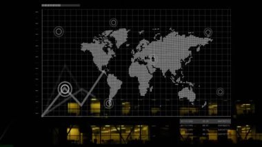 Geceleri ofis binasının üzerinde yükselen grafik animasyonu iş büyümesini gösteriyor. ilerleme, kalkınma, finans, analitik, başarı, yatırım