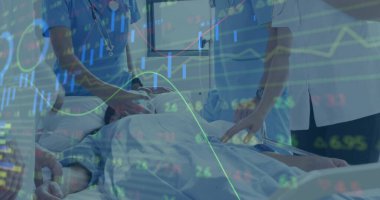 Hastanedeki çeşitli doktorların finansal veri işleme görüntüsü. Küresel tıp, sağlık, bağlantılar, hesaplama ve veri işleme kavramı dijital olarak oluşturulmuş görüntü.