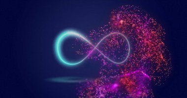 Mavi arkaplanda sonsuzluk işaretinin üzerinde hareket eden parlak pembe ağ resmi. Renk, şekil, ışık ve hareket kavramı dijital olarak oluşturuldu.