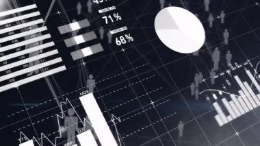 İş adamlarının siluetleri üzerinden finansal veri tabloları ve grafikleri. finans, kurumsal, analitik, takım çalışması, strateji, büyüme