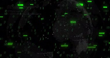 Pikselleştirilmiş insan yüzü animasyonu üzerinde ikili kod ve dijital veri işleme. Teknoloji, programlama, yapay zeka, siber, fütürist