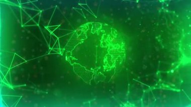 Ağ bağlantıları olan yeşil dijital küre, karanlık arka planda veri işleme animasyonu. Teknoloji, küresel, gelecekçi, siber, sanal, dünya