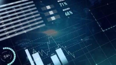 Dünya haritası ve veri görselleştirmesi üzerinde finansal tablolar ve grafikler. Maliye, istatistik, küresel, analiz, ekonomi, teknoloji