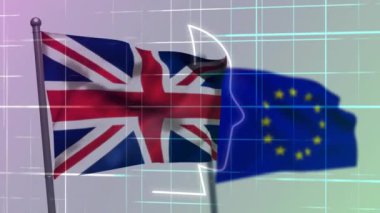 Dijital ızgaralı ve satranç şövalyesi animasyonlu İngiltere ve AB bayrakları. Brexit, politika, teknoloji, strateji, yenilik, Avrupa