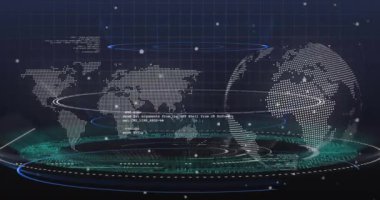 Dünya haritası ve dijital arayüz elemanları, küresel veri ağı animasyonu. teknoloji, bağlantı, bilgi, fütüristik