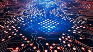 Parlayan ışıklar ve karmaşık şablonlar ile devre kartı animasyonu. Teknoloji, elektronik, yenilik, dijital, gelecekçi, yapay zeka