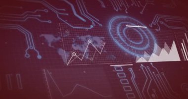 Devre kartının ve dünya haritasının dijital animasyonunun grafikleri ve grafikleri. Veri, teknoloji, analitik, iş, bilgi, fütüristik