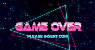 Oyun bitti ve lütfen neon geometrik şekiller üzerine bozuk para metin animasyonu girin. Retro, arcade, tipografi, oyun, piksel sanat, 80 'ler