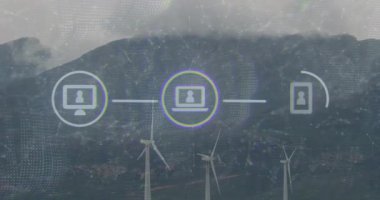 Dağlık arazide rüzgar türbinleri üzerinde bağlı cihazlar animasyonu ağı. Teknoloji, IoT, rüzgar enerjisi, sürdürülebilirlik, bağlantı, yenilenebilir