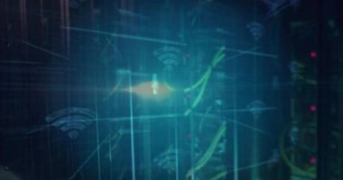 Mavi teknoloji arka planında dijital veri işleme animasyonu olan Wi-Fi sinyal simgesi. Teknoloji, kablosuz, internet, bağlantı, iletişim, ağ