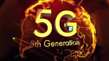 5G 5. Nesil dijital dünya haritası üzerinde metin animasyonu. Teknoloji, bağlantı, yenilik, küresel, gelecekçi, kablosuz