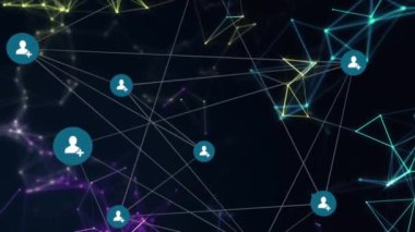 Ağ bağlantıları ve kullanıcı simgeleri renkli çizgileri olan koyu arkaplan üzerinde canlandırma. Teknoloji, dijital, bağlantı, iletişim, parlak, soyut