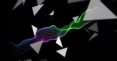 Soyut siyah ve beyaz geometrik şekiller üzerinde renkli dalga animasyonu. arkaplan, dijital, modern, model, tasarım, karşıtlık