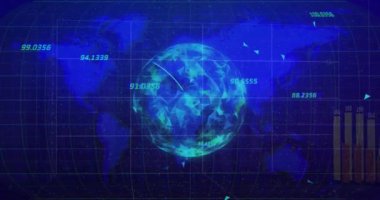 Veri noktaları ve çubuk grafikleri olan dijital küre, finansal veri işleme animasyonu. Teknoloji, finans, analitik, istatistik, fütürist, yatırım